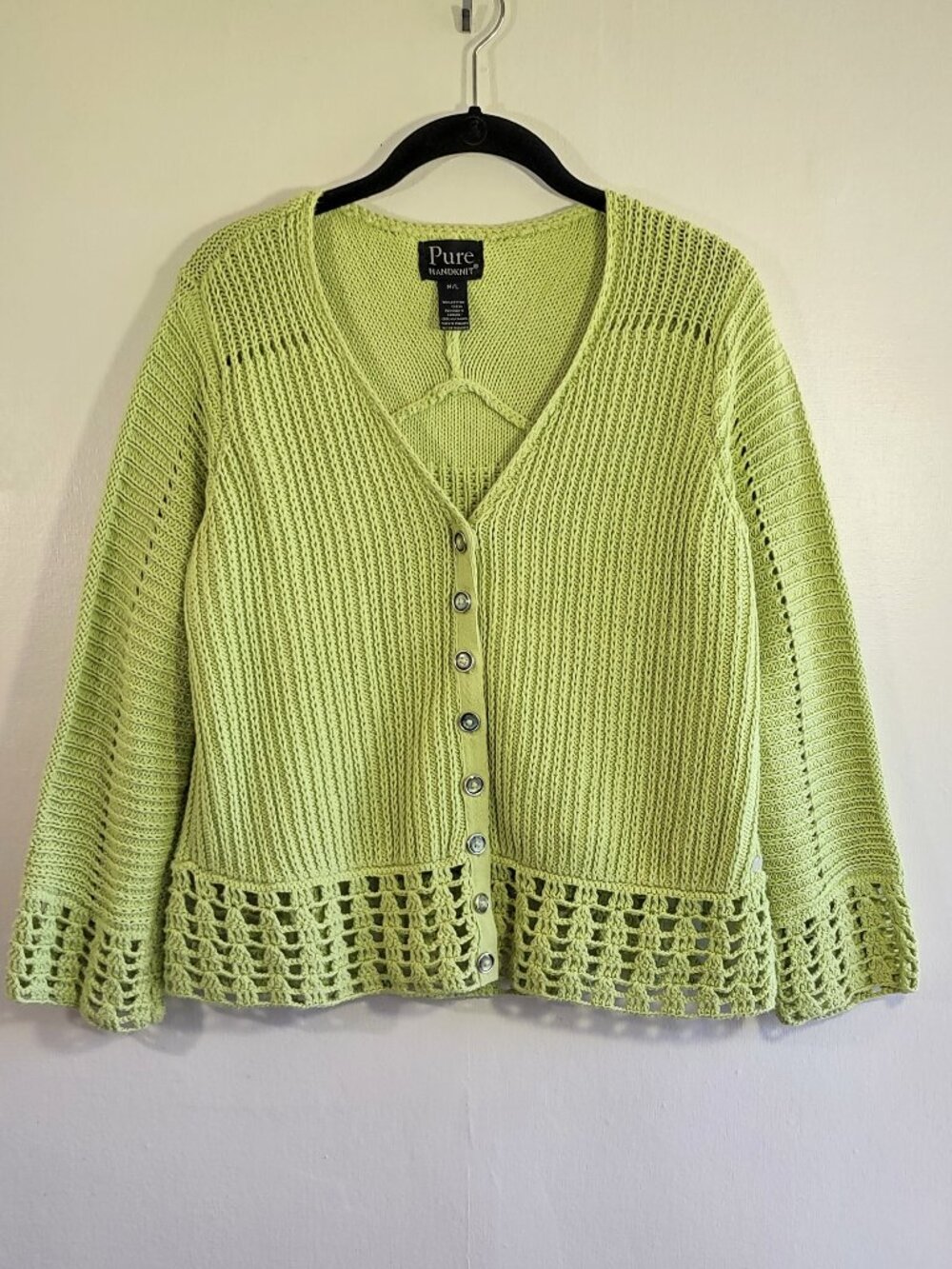 PURE Handknit Crochet Cardigan Medium/Large Pistachio Green Cottage Quiet Luxury
